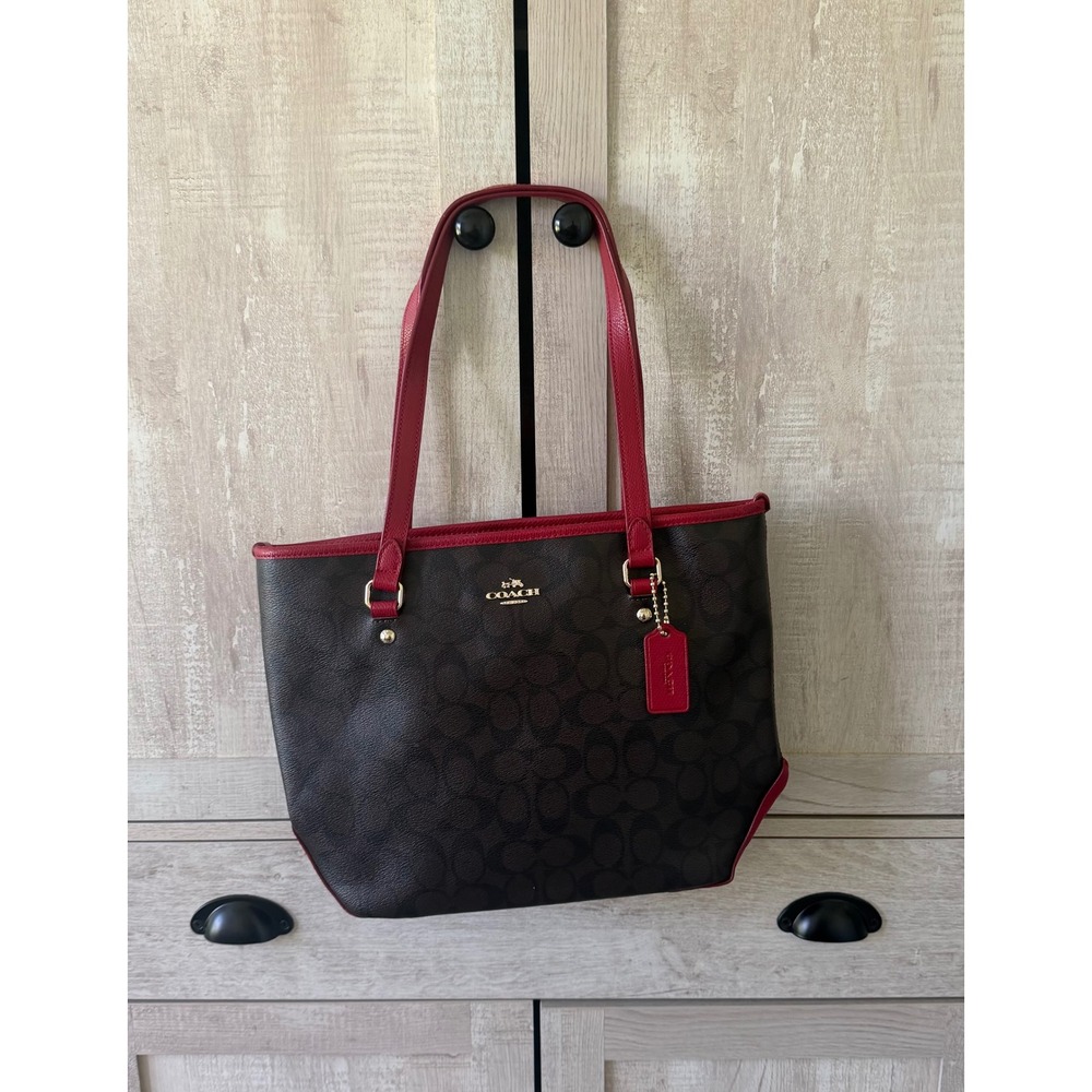 Coach Gallery Tote 79609 Brown Signature Canvas 1941 Red Leather Shoulder Bag